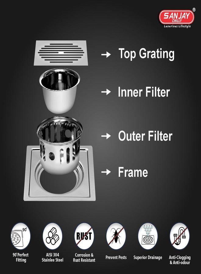 Sanjay Chilly Square Classic Floor Drain Cockroach Trap for Bathroom 304 Grade Stainless Steel Kitchen Washbasin Sink Bathtub Waste Water Drainer (Golden Series Square Classic 6x6 Inch Silver) - Image 4